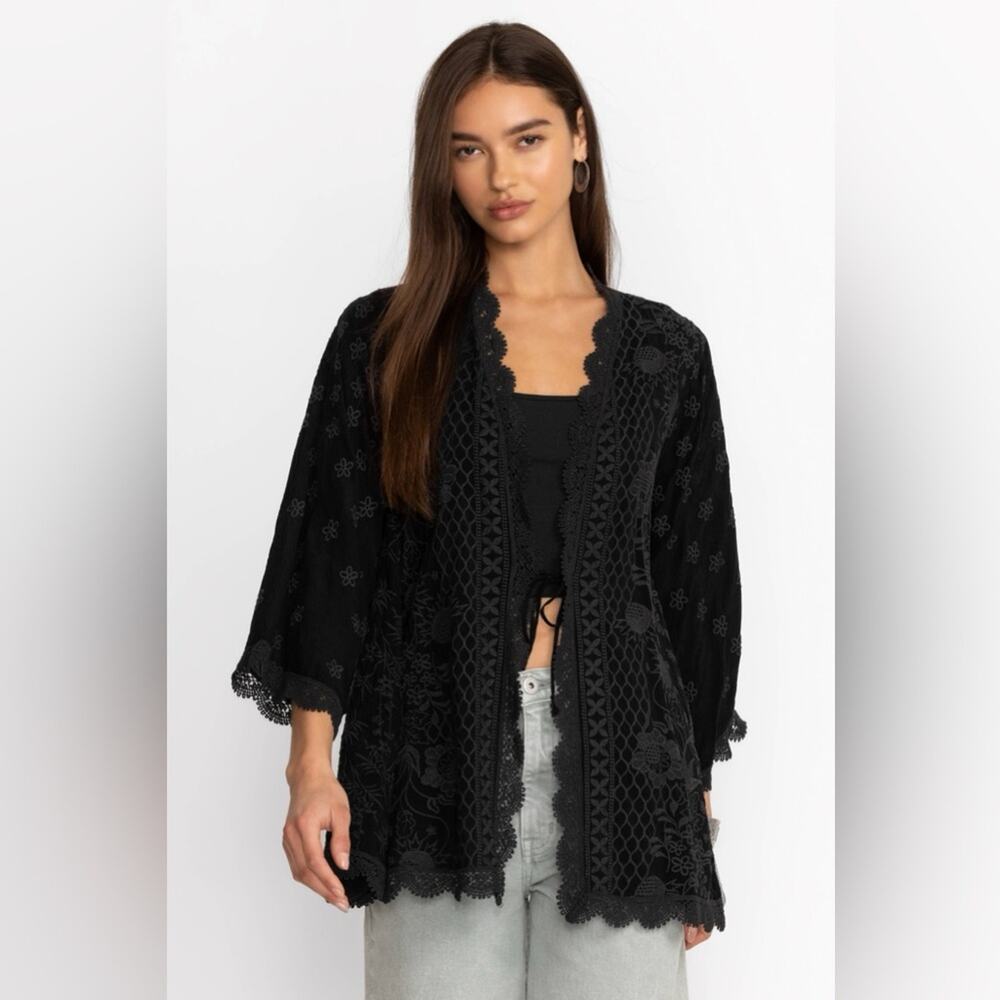 Johnny Was Fleur du Jour Black Lace Trim Floral Boho Kimono NWT